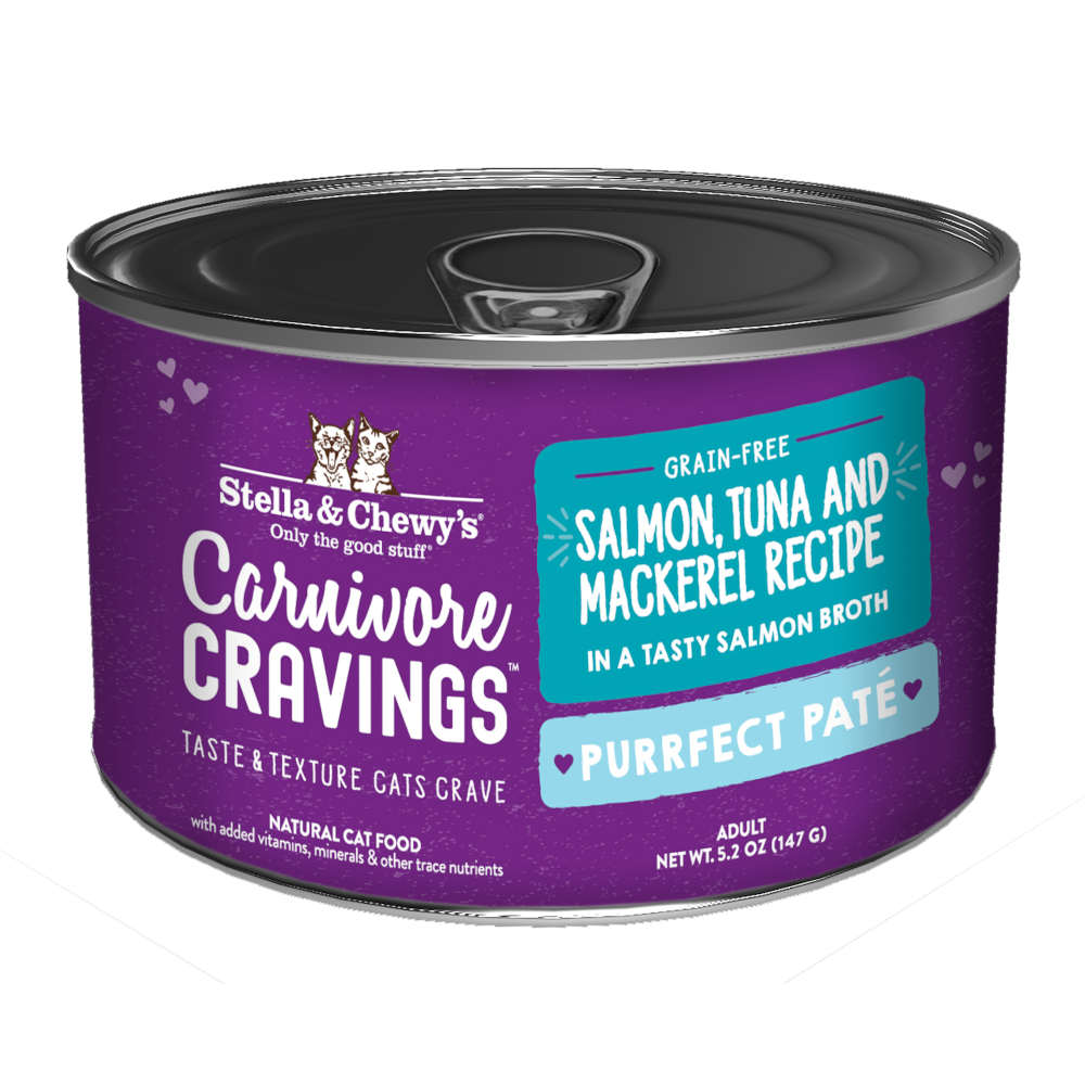 "3 FOR $14.40: Stella & Chewy's Carnivore Cravings Purrfect Pate Salmon, Tuna & Mackerel in Broth Grain-Free Canned Cat Food 5.2oz"